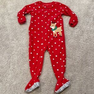 EUC Red Carter’s 3T Fleece Polka Dot Kids One Piece pajamas with Reindeer Design